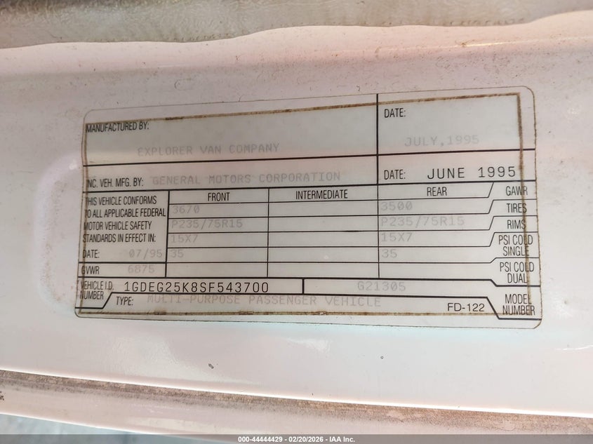 1995 GMC Rally Wagon / Van G2500 VIN: 1GDEG25K8SF543700 Lot: 44444429