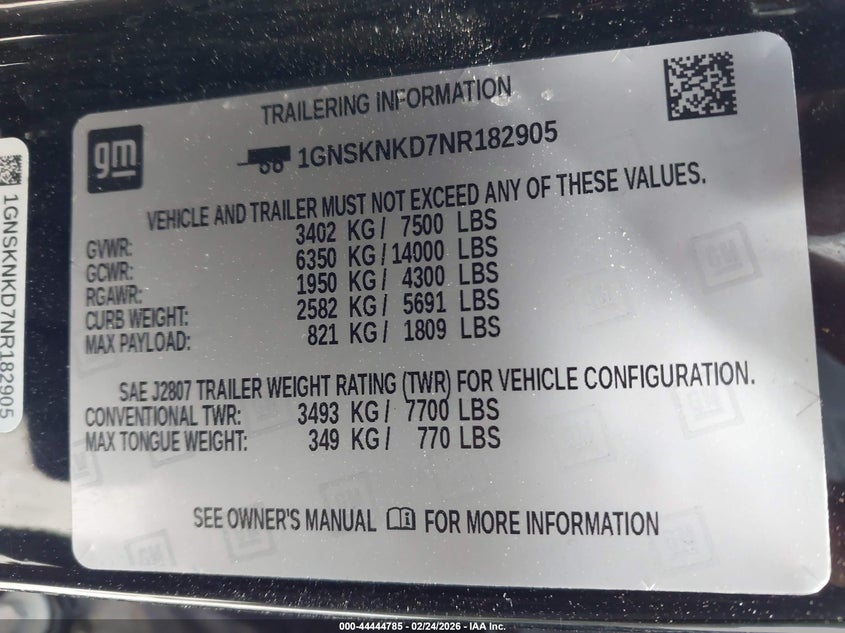 2022 Chevrolet Tahoe 4Wd Lt VIN: 1GNSKNKD7NR182905 Lot: 44444785