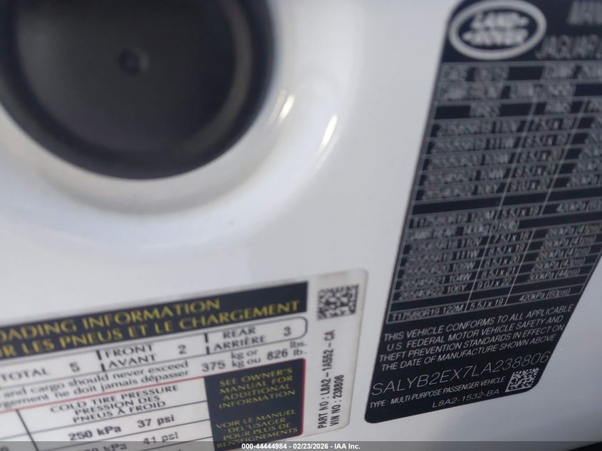 2020 Land Rover Range Rover Velar P250 S VIN: SALYB2EX7LA238806 Lot: 44444984