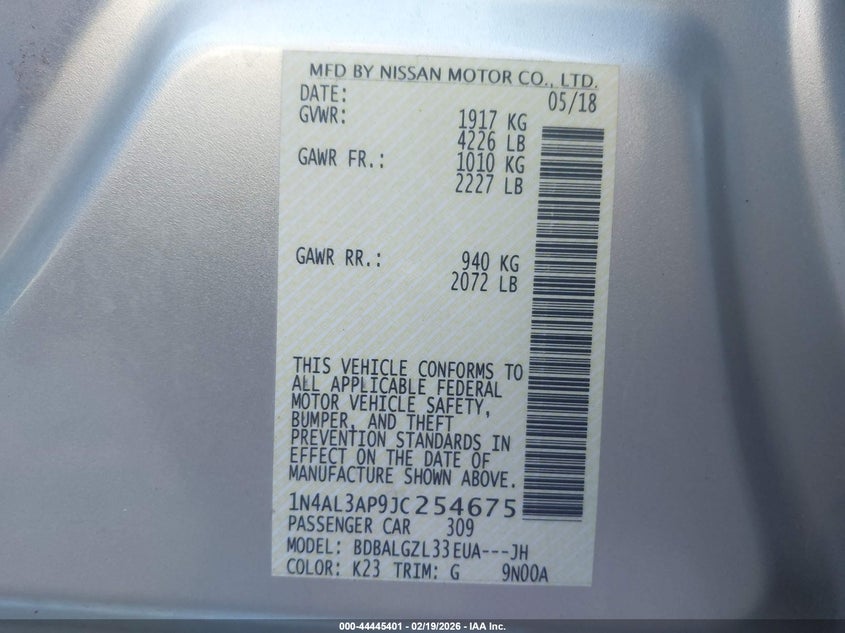 VIN 1N4AL3AP9JC254675 2018 NISSAN ALTIMA 2.5 S
