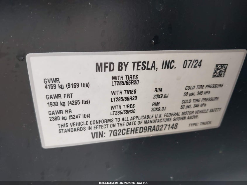 2024 Tesla Cybertruck All-Wheel Drive VIN: 7G2CEHED9RA027148 Lot: 44445419