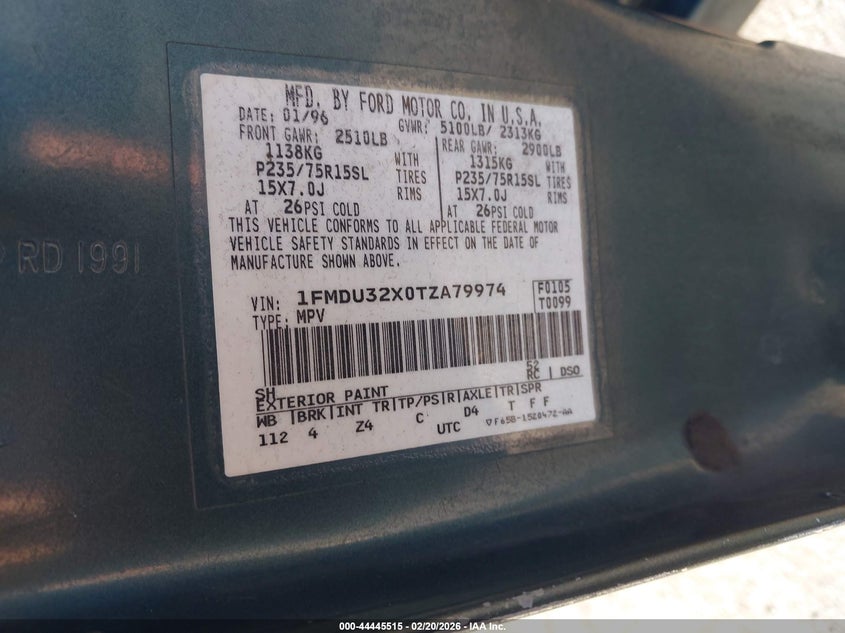 1996 Ford Explorer VIN: 1FMDU32X0TZA79974 Lot: 44445515
