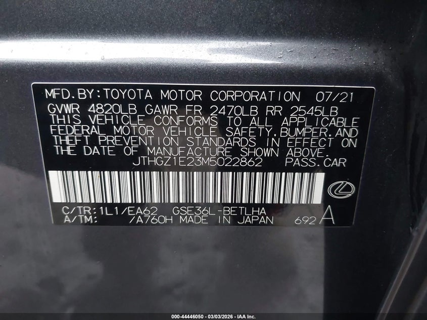 2021 Lexus Is 350 F Sport VIN: JTHGZ1E23M5022862 Lot: 44446050