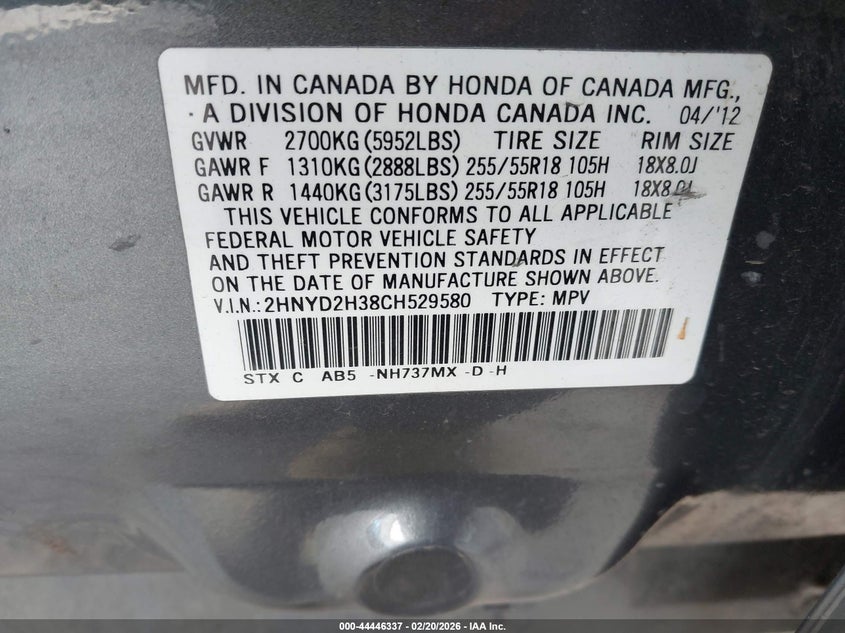 2012 Acura Mdx 3.7 Mdx Technology Package grey Lot 111044446337 Vin 2HNYD2H38CH529580