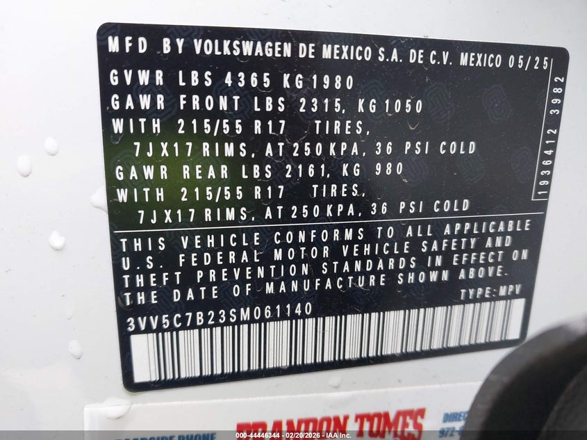 2025 Volkswagen Taos 1.5T S VIN: 3VV5C7B23SM061140 Lot: 44446344