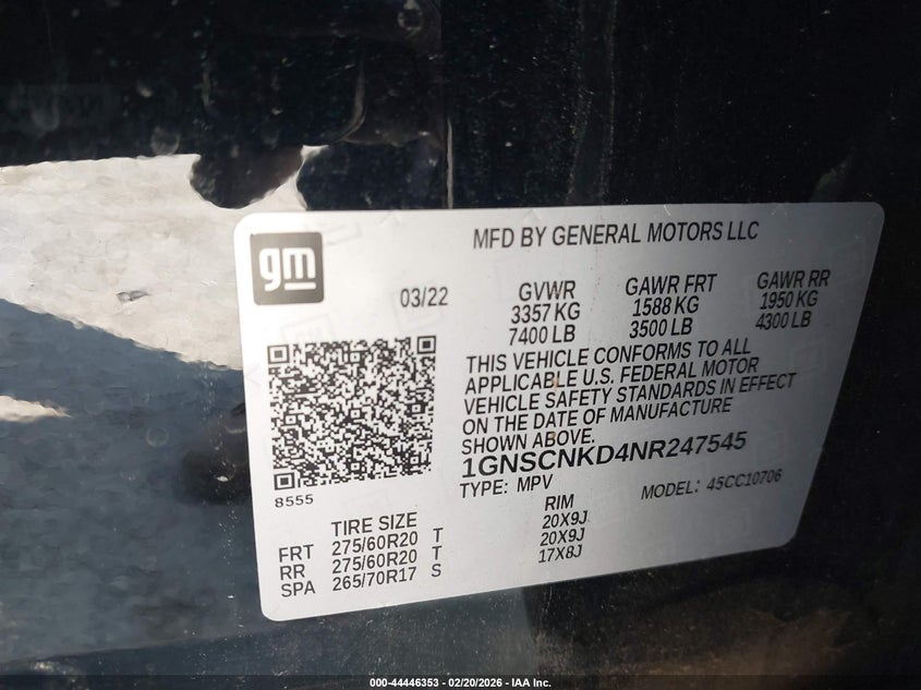 2022 Chevrolet Tahoe 2Wd Lt VIN: 1GNSCNKD4NR247545 Lot: 44446353