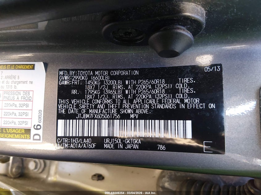 2013 Lexus Gx 460 VIN: JTJBM7FX6D5061756 Lot: 44446354