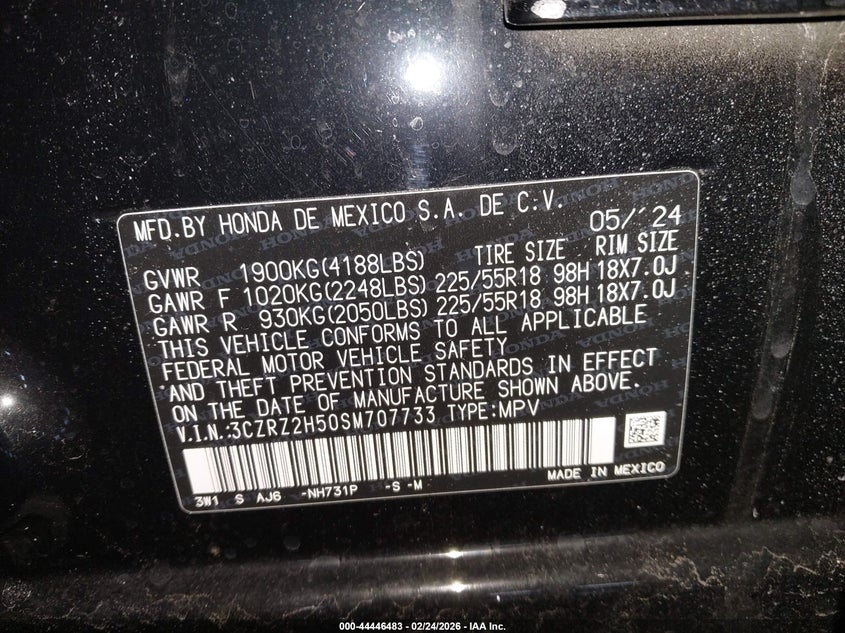 VIN 3CZRZ2H50SM707733 2025 HONDA HR-V AWD SPORT