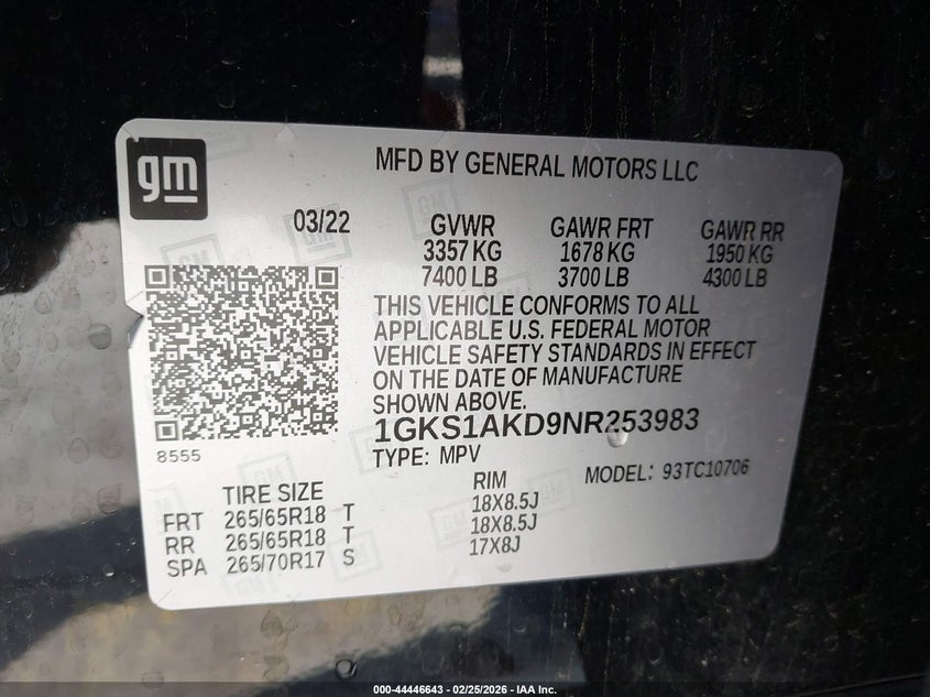 2022 GMC Yukon 2Wd Sle VIN: 1GKS1AKD9NR253983 Lot: 44446643
