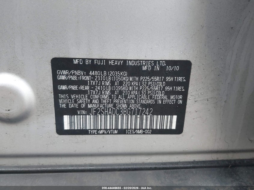 2011 Subaru Forester 2.5X Premium VIN: JF2SHADC3BG717242 Lot: 44446655
