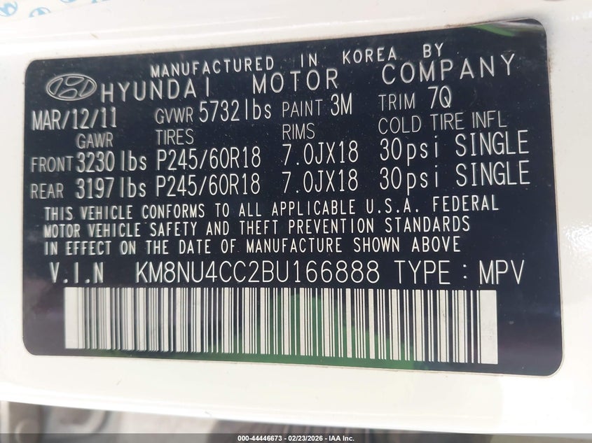 2011 Hyundai Veracruz Limited VIN: KM8NU4CC2BU166888 Lot: 44446673