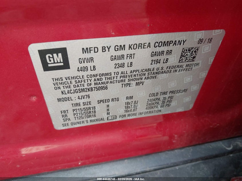 2019 Buick Encore Awd Essence VIN: KL4CJGSM2KB750956 Lot: 44446745