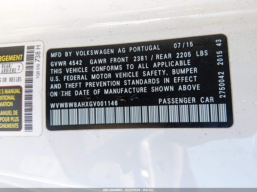 2016 Volkswagen Eos Komfort VIN: WVWBW8AHXGV001146 Lot: 44446863