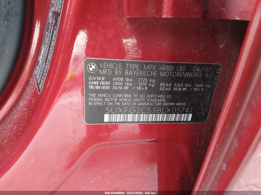 2011 BMW X6 xDrive35I VIN: 5UXFG2C53BLX05741 Lot: 44446908