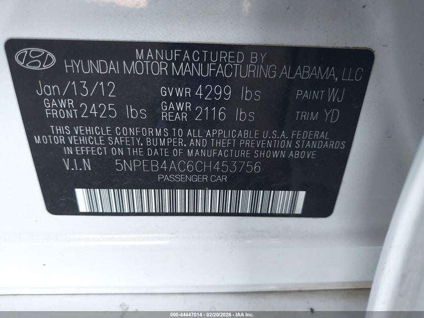 2012 Hyundai Sonata 2.4 Gls/Limited/Se white Lot 111044447014 Vin 5NPEB4AC6CH45T756