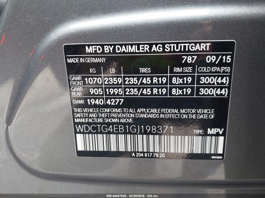 2016 Mercedes-Benz Gla 250 VIN: WDCTG4EB1GJ198371 Lot: 44447048