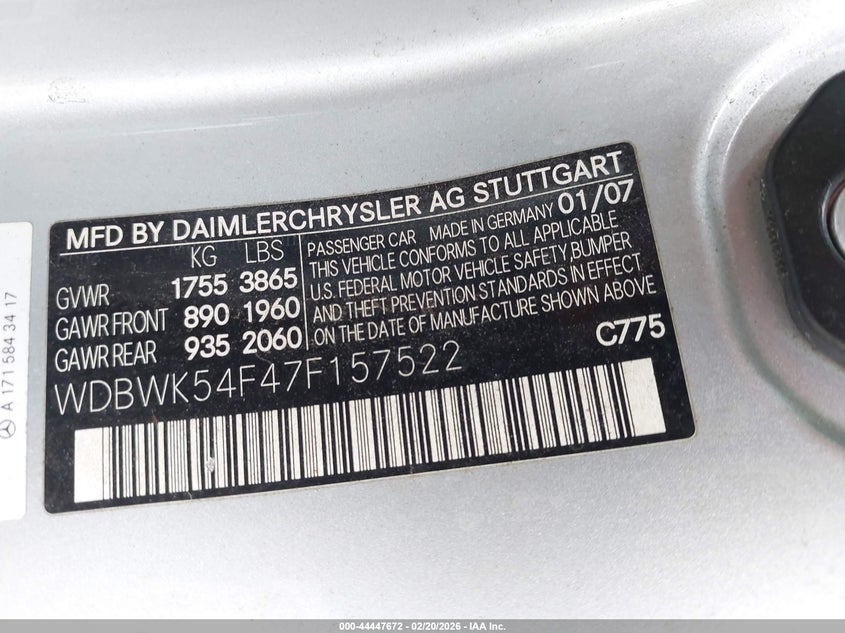 2007 Mercedes-Benz Slk 280 VIN: WDBWK54F47F157522 Lot: 44447672