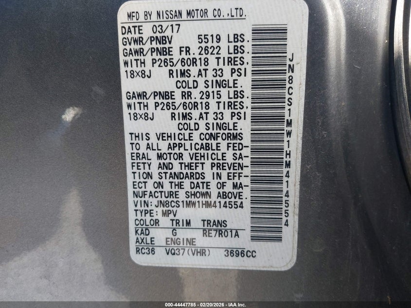 2017 Infiniti Qx70 VIN: JN8CS1MW1HM414554 Lot: 44447785