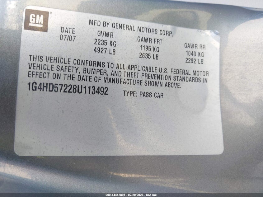 2008 Buick Lucerne Cxl VIN: 1G4HD57228U113492 Lot: 44447891