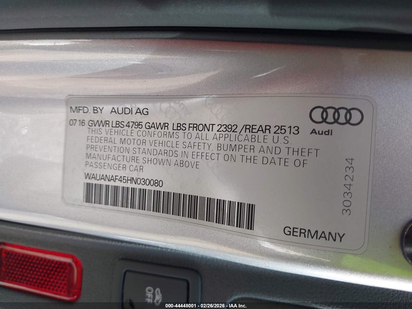 WAUANAF45HN030080 2017 Audi A4 2.0 2.0T Premium silver