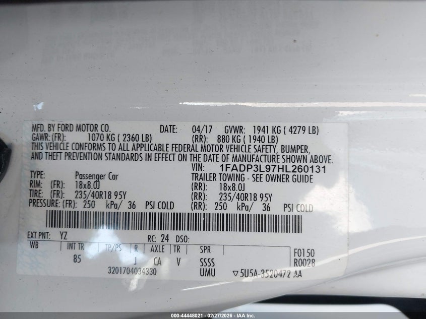 2017 Ford Focus St VIN: 1FADP3L97HL260131 Lot: 44448021