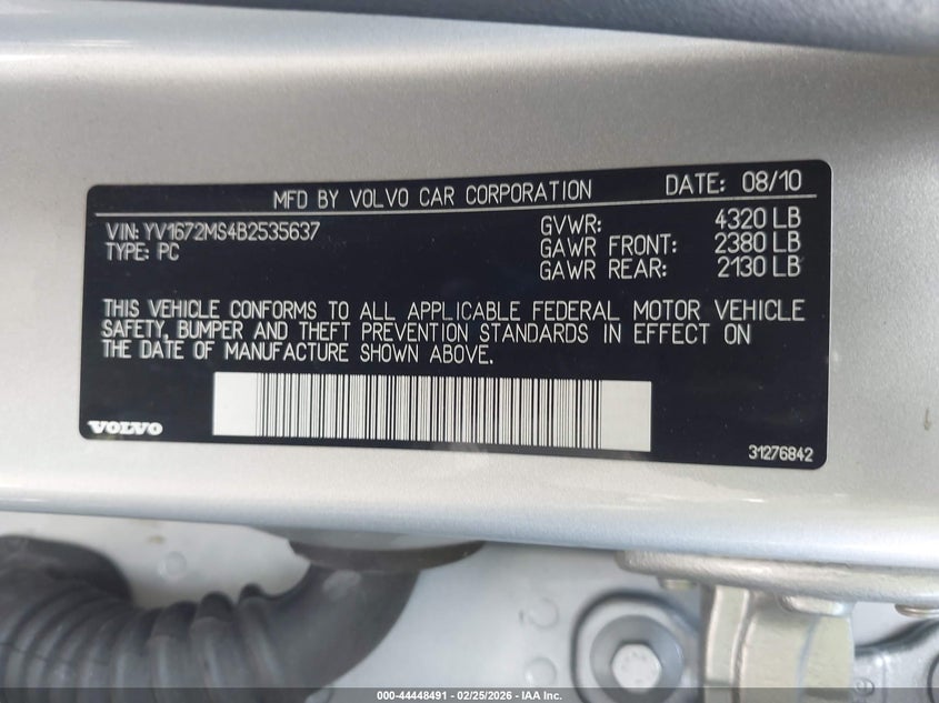 2011 Volvo S40 T5/T5 R-Design VIN: YV1672MS4B2535637 Lot: 44448491