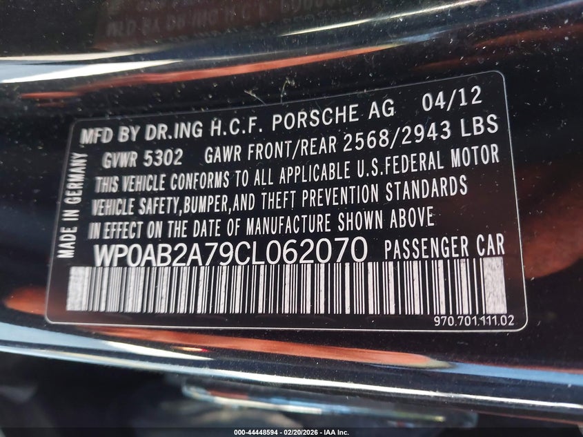 2012 Porsche Panamera 4.8 S black Lot 111044448594 Vin WP0AB2A79CL062070