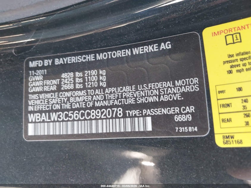 2012 BMW 640I VIN: WBALW3C56CC892078 Lot: 44448715