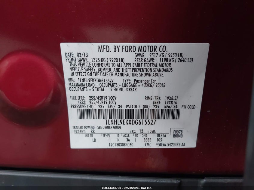 2013 Lincoln Mks VIN: 1LNHL9EKXDG615527 Lot: 44448790
