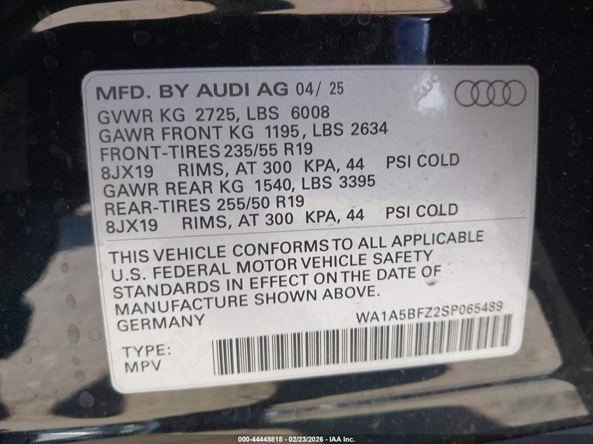 VIN WA1A5BFZ2SP065489 2025 AUDI Q4 E-TRON PREMIUM 45 RWD