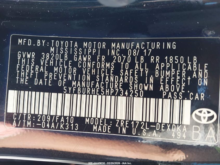 2017 Toyota Corolla L VIN: 5YFBURHE5HP734250 Lot: 44449036