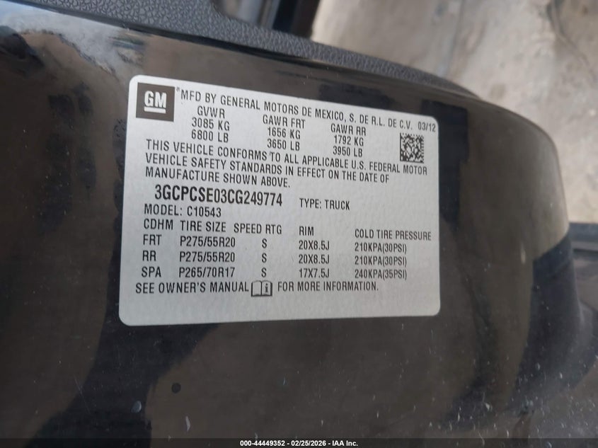 2012 Chevrolet Silverado 5.3 1500 Lt black Lot 111044449352 Vin 3GCPCSE03CG249774