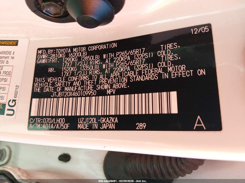 2006 Lexus Gx 470 VIN: JTJBT20X460109950 Lot: 44449491