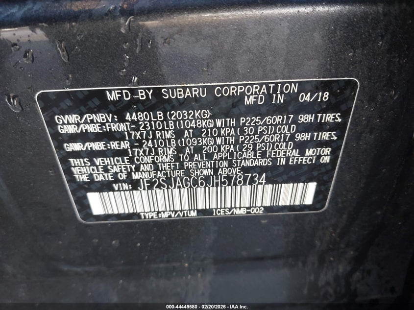 2018 Subaru Forester 2.5I Premium VIN: JF2SJAGC6JH578734 Lot: 44449580