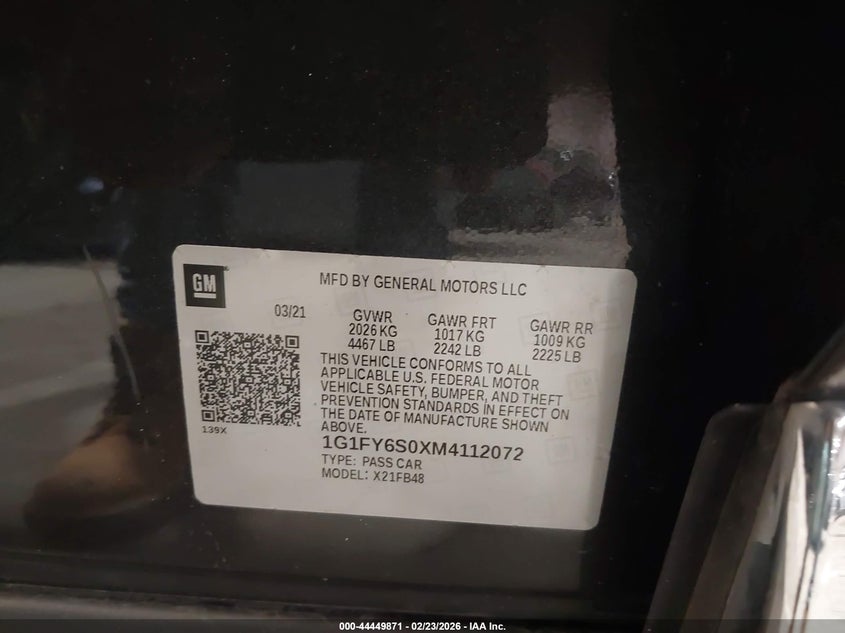 2021 Chevrolet Bolt Ev Fwd Lt VIN: 1G1FY6S0XM4112072 Lot: 44449871