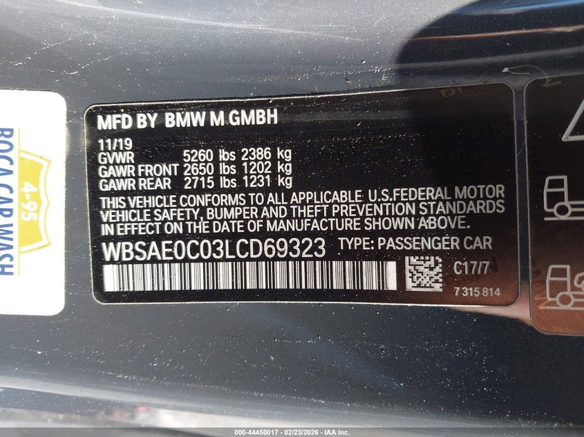 2020 BMW M8 Competition VIN: WBSAE0C03LCD69323 Lot: 44450017