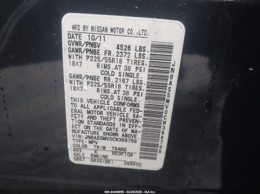 2012 Nissan Rogue Sv W/Sl Pkg VIN: JN8AS5MV0CW366788 Lot: 44450098