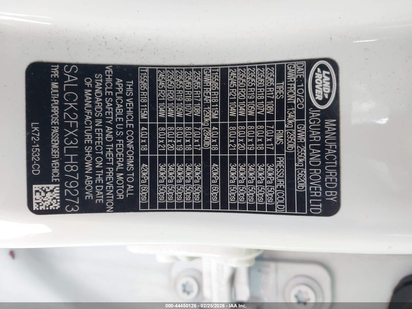 2020 Land Rover Discovery Sport Standard VIN: SALCK2FX3LH879273 Lot: 44450126