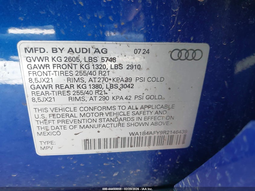 2024 Audi Sq5 Premium Plus Tfsi Quattro Tiptronic VIN: WA1B4AFY9R2146439 Lot: 44450855