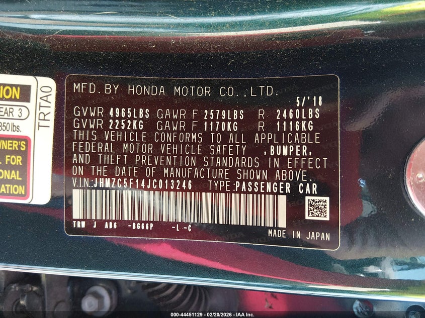 2018 Honda Clarity Plug-In Hybrid VIN: JHMZC5F14JC013246 Lot: 44451129