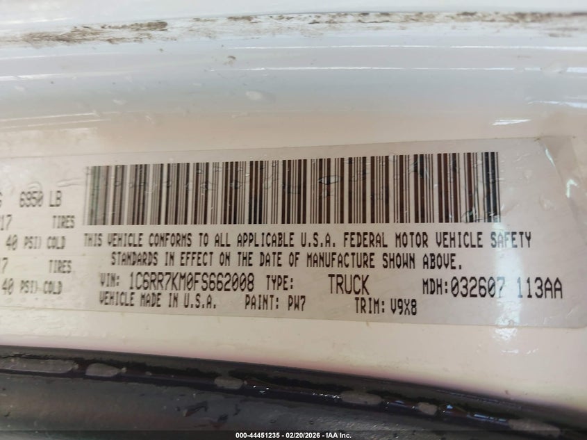 2015 Ram 1500 Tradesman VIN: 1C6RR7KM0FS662008 Lot: 44451235