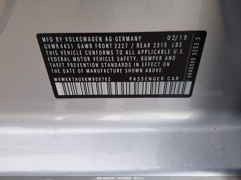 2019 Volkswagen E-Golf Se VIN: WVWKR7AU5KW909702 Lot: 44451241
