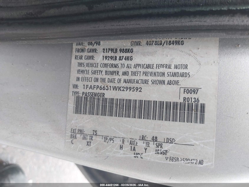 1998 Ford Contour Lx VIN: 1FAFP6631WK299592 Lot: 44451266