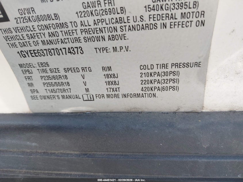 2007 Cadillac Srx V6 VIN: 1GYEE637870174373 Lot: 44451421