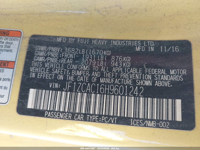 2017 Subaru Brz Series. Yellow VIN: JF1ZCAC16H9601242 Lot: 44451687