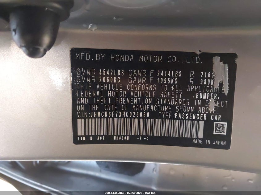 VIN JHMCR6F7XHC026060 2017 HONDA ACCORD HYBRID TOURING