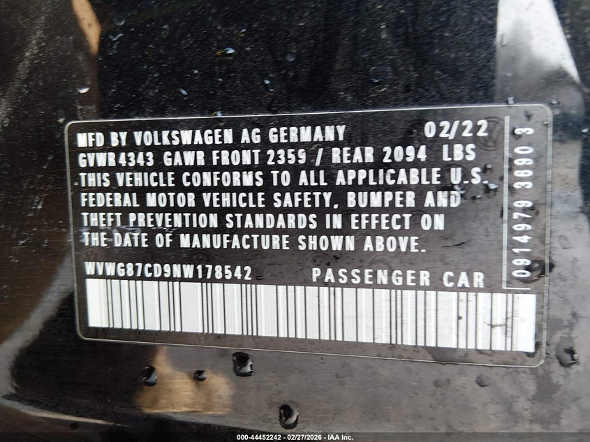 2022 Volkswagen Golf Gti 2.0T S VIN: WVWG87CD9NW178542 Lot: 44452242