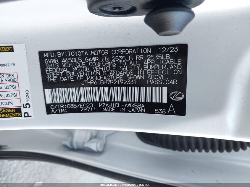 2024 Lexus Ux 250H Premium VIN: JTHP6JBH7R2192331 Lot: 44452372