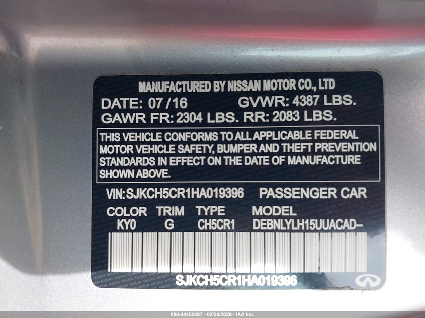 2017 Infiniti Qx30 Premium VIN: SJKCH5CR1HA019396 Lot: 44452497