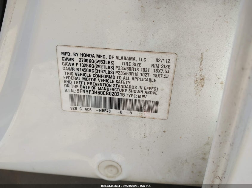 5FNYF3H60CB020315 2012 Honda Pilot 3.5 Ex-L white